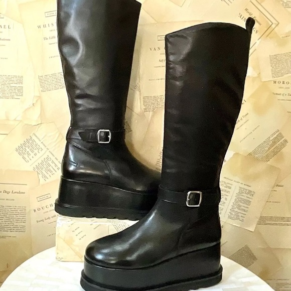Free People Not For Riding Platform Tall Boot Black Leather Mega Wedge - Picture 6 of 13
